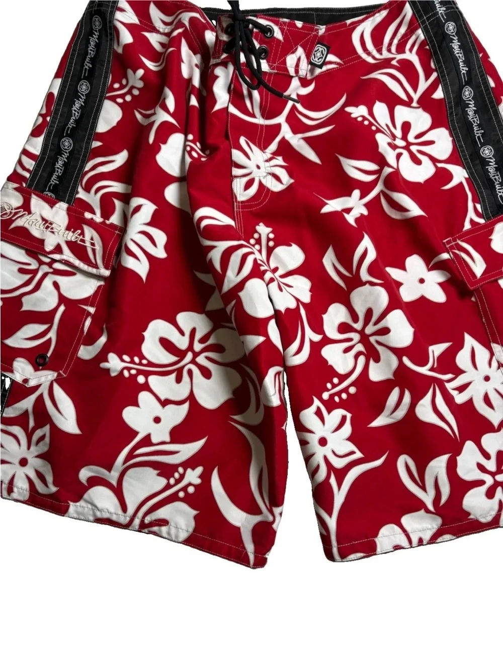 MAUI BUILT Board Shorts Trunks Hawaiian Tribal Floral Red White Mens 40 x 11